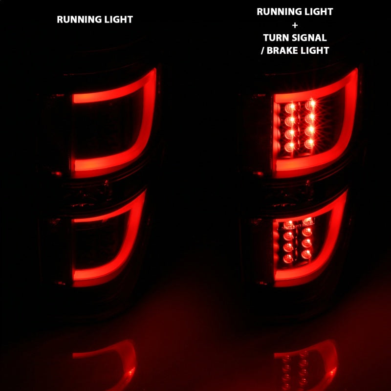 ANZO LED Taillights for 2009-2013 Ford F-150 in black, showcasing modern design and enhanced visibility.