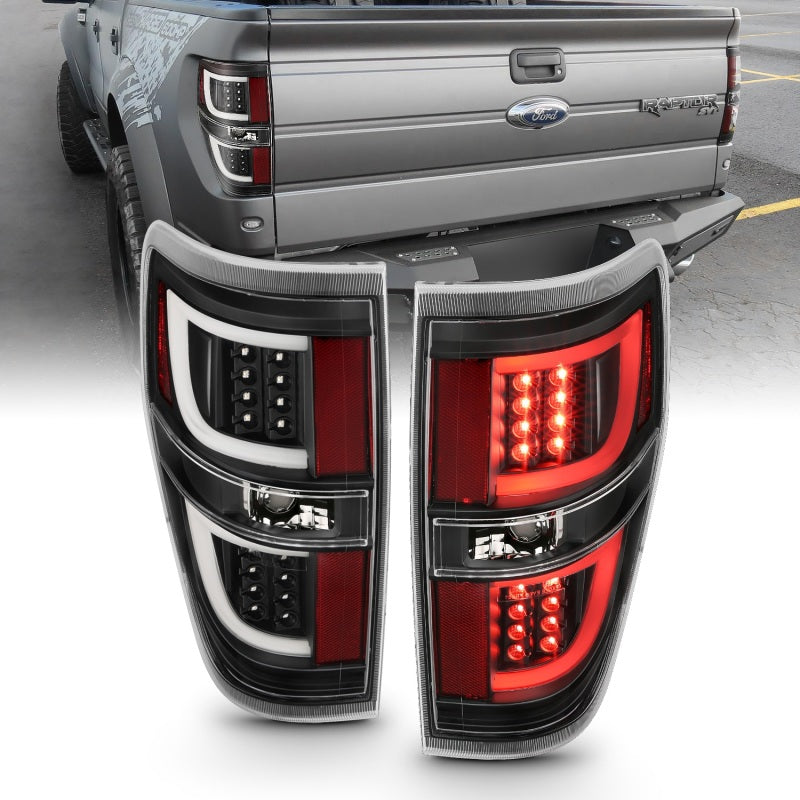 ANZO LED Taillights for 2009-2013 Ford F-150 in black, showcasing modern design and enhanced visibility.