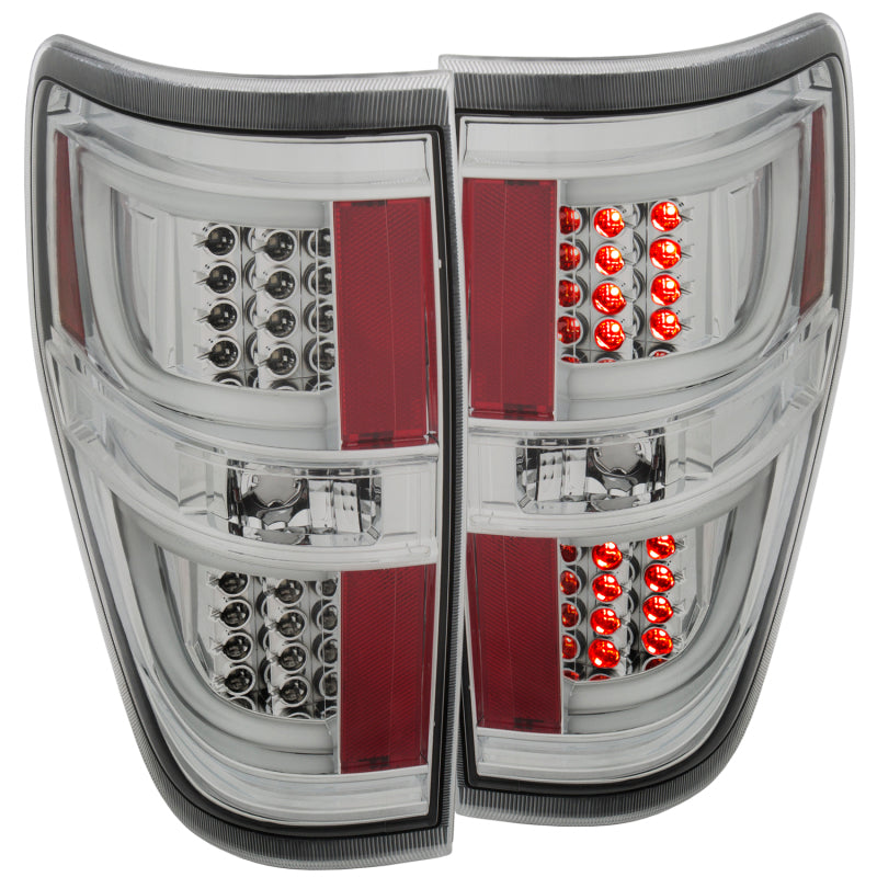 ANZO LED Taillights in Chrome for 2009-2013 Ford F-150, showcasing modern design and bright LED lights.