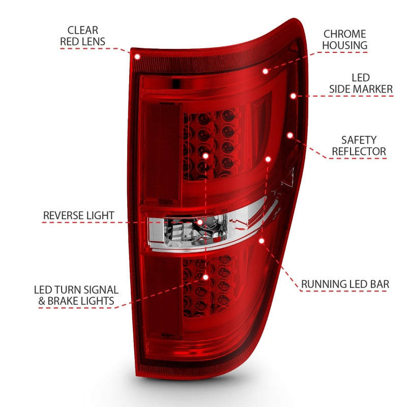 ANZO 2009-2013 Ford F-150 LED Taillights in Red and Clear, showcasing modern design and bright illumination.