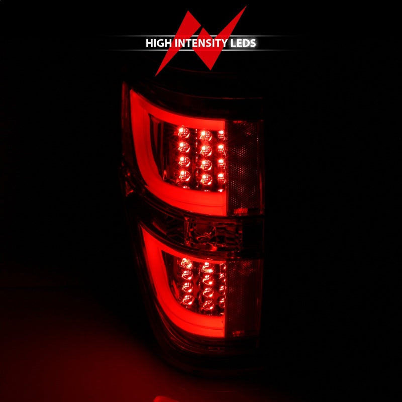 ANZO 2009-2013 Ford F-150 LED Taillights in Red and Clear, showcasing modern design and bright illumination.