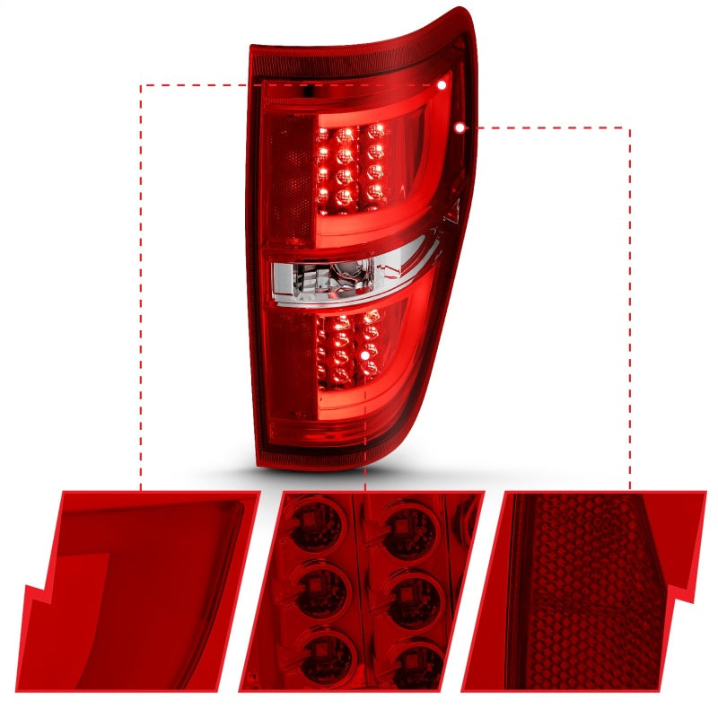 ANZO 2009-2013 Ford F-150 LED Taillights in Red and Clear, showcasing modern design and bright illumination.