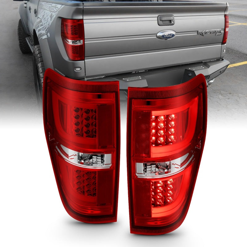 ANZO 2009-2013 Ford F-150 LED Taillights in Red and Clear, showcasing modern design and bright illumination.