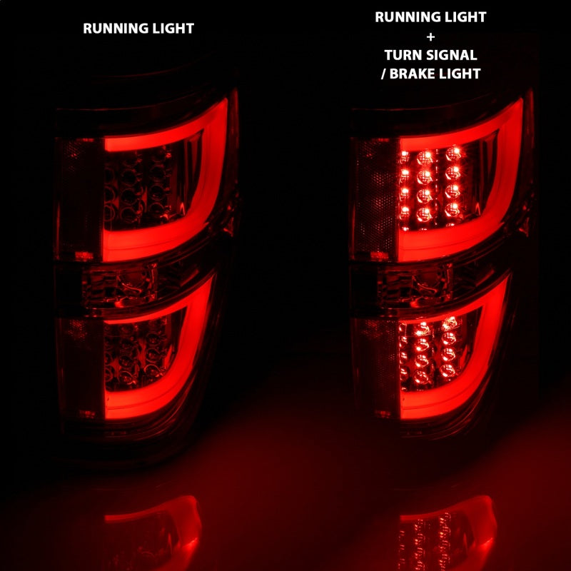 ANZO 2009-2013 Ford F-150 LED Taillights in Red and Clear, showcasing modern design and bright illumination.