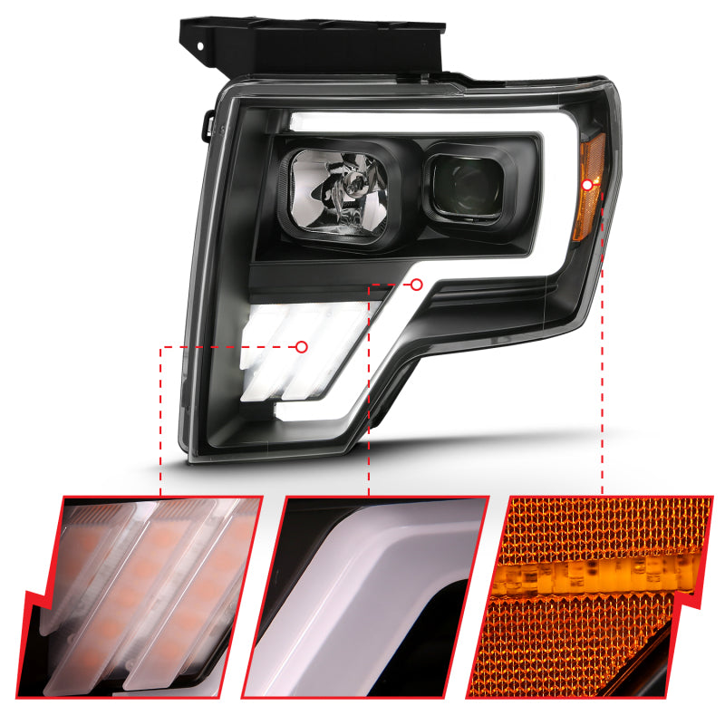 ANZO 2009-2013 Ford F-150 Projector Light Bar with Halo, featuring black housing and clear lens design.