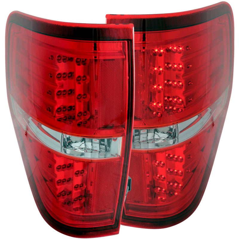 ANZO LED taillights for 2009-2014 Ford F-150 in red and clear lens, showcasing modern design and bright illumination.