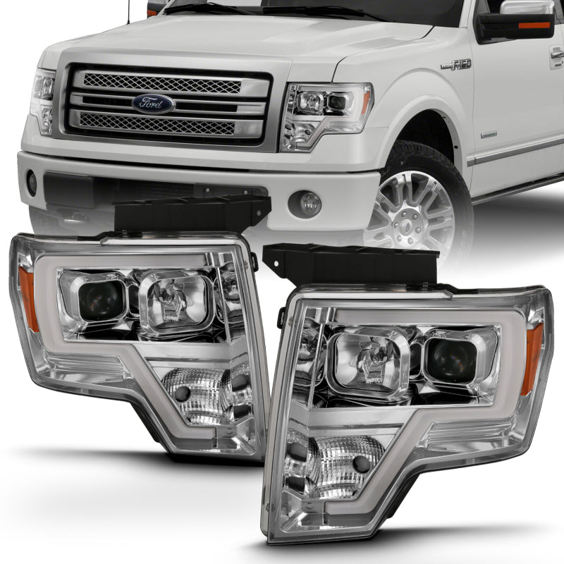 ANZO 2009-2014 Ford F-150 Projector Headlight Set featuring clear lens and chrome housing.