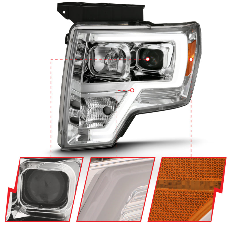 ANZO 2009-2014 Ford F-150 Projector Headlight Set featuring clear lens and chrome housing.