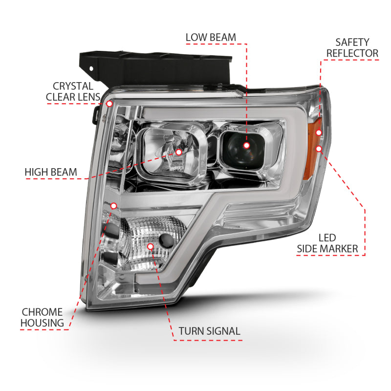 ANZO 2009-2014 Ford F-150 Projector Headlight Set featuring clear lens and chrome housing.