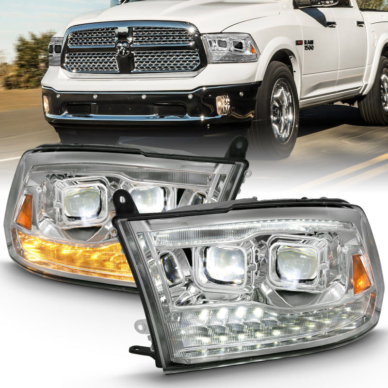 ANZO 2009-2018 Dodge Ram 1500 LED projector headlights with clear lens and black housing, showcasing modern design and enhanced visibility.