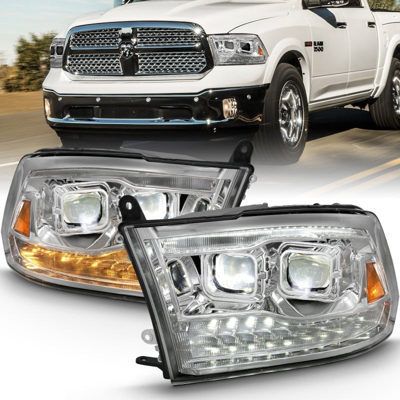 ANZO 2009-2018 Dodge Ram 1500 LED projector headlights with clear lens and black housing, showcasing modern design and enhanced visibility.