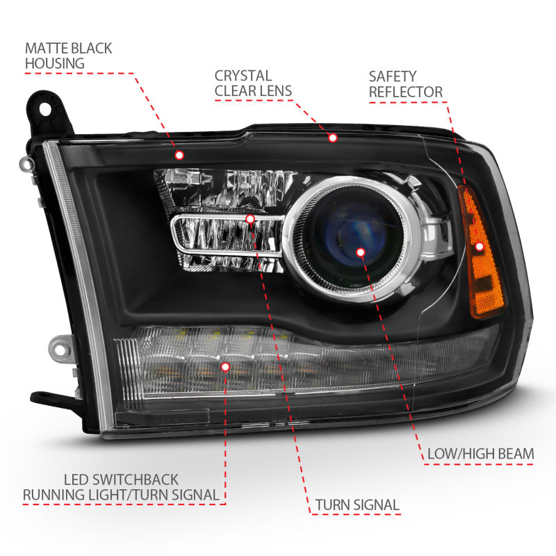 ANZO 2009-2018 Dodge Ram 1500 Projector Headlights with plank style halo in matte black housing, showcasing modern design and enhanced visibility.