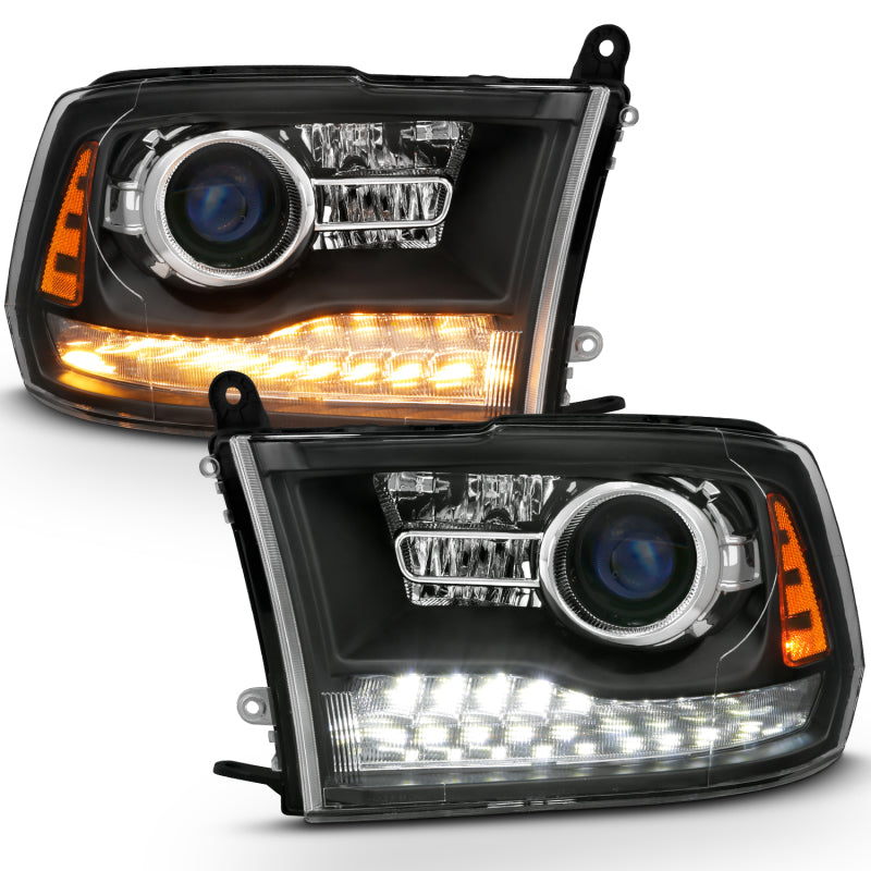 ANZO 2009-2018 Dodge Ram 1500 Projector Headlights with plank style halo in matte black housing, showcasing modern design and enhanced visibility.