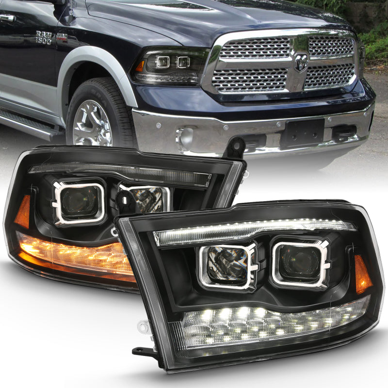 ANZO 2009-2018 Dodge Ram 1500 Projector Headlights in black amber finish, showcasing innovative design and quality craftsmanship.