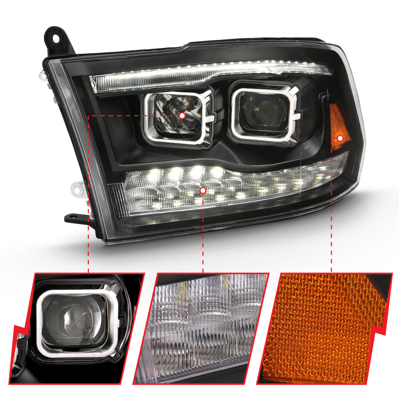 ANZO 2009-2018 Dodge Ram 1500 Projector Headlights in black amber finish, showcasing innovative design and quality craftsmanship.