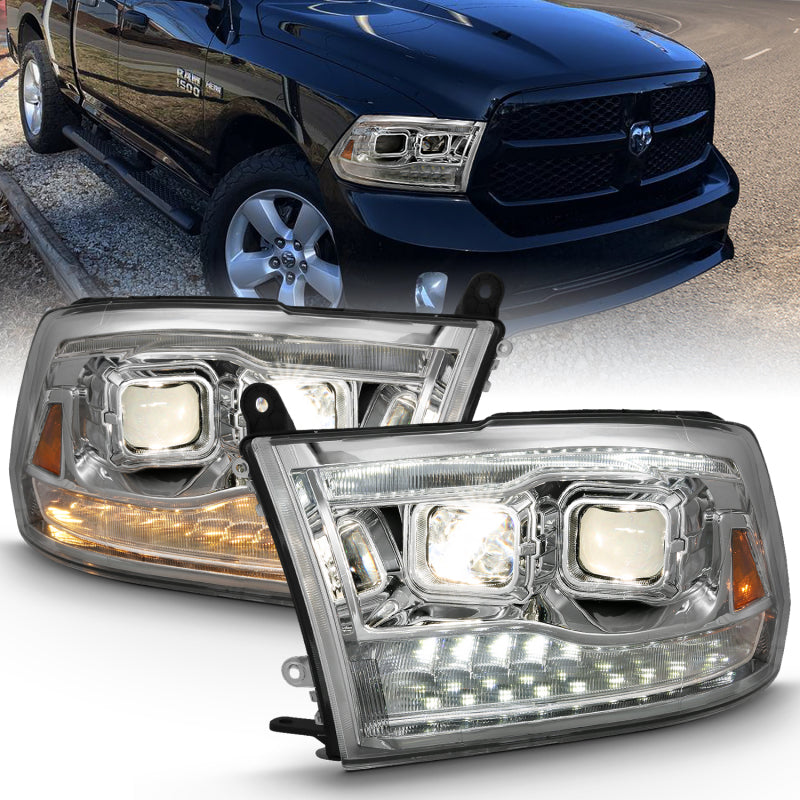 ANZO 2009-2018 Dodge Ram 1500 Projector Headlights in black amber finish, showcasing innovative design and quality craftsmanship.