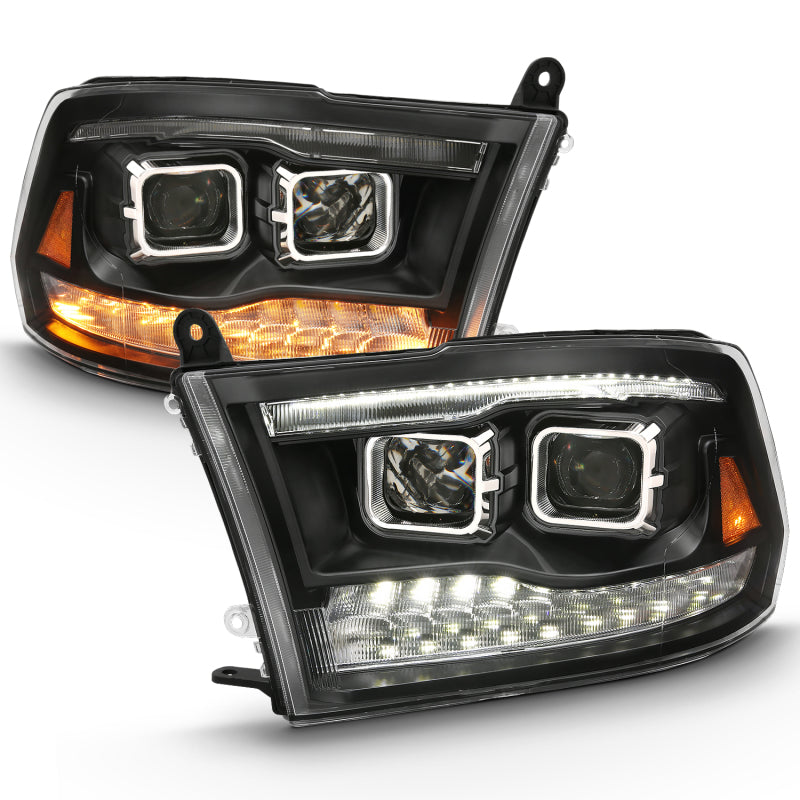 ANZO 2009-2018 Dodge Ram 1500 Projector Headlights in black amber finish, showcasing innovative design and quality craftsmanship.