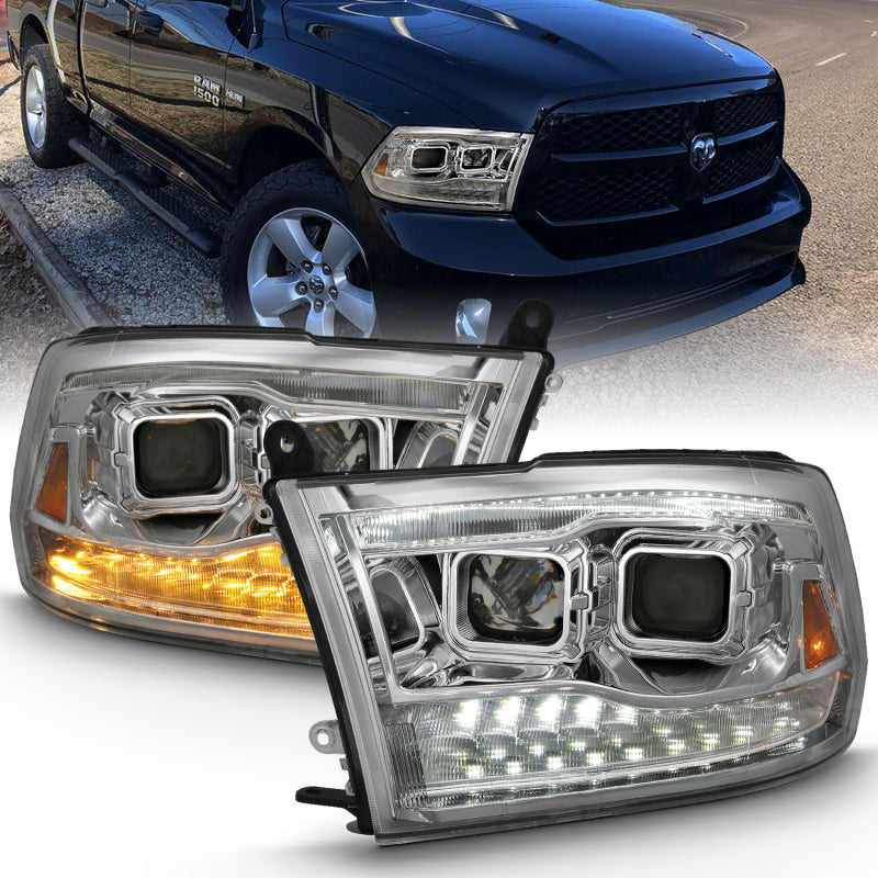 ANZO 2009-2018 Dodge Ram 1500 Projector Headlights with Switchback Chrome Amber design, showcasing innovative styling and superior illumination.