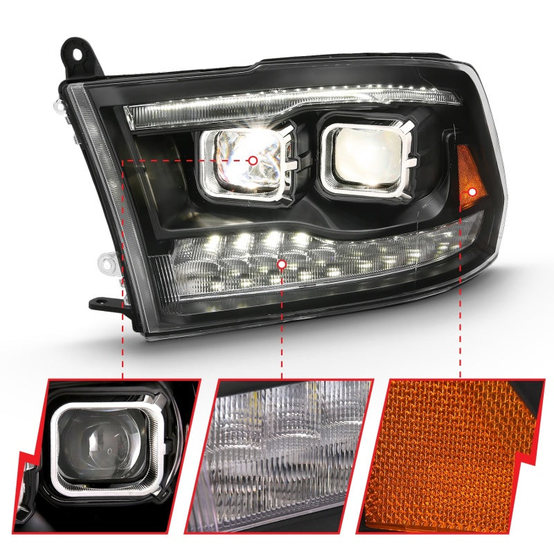 ANZO 2009-2018 Dodge Ram 1500 Projector Headlights with Switchback Chrome Amber design, showcasing innovative styling and superior illumination.