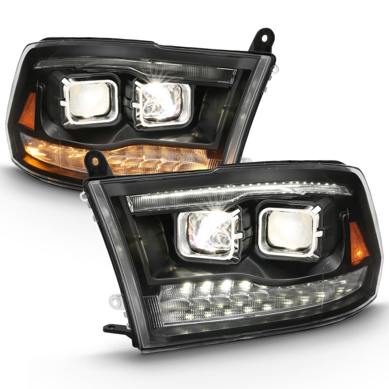 ANZO 2009-2018 Dodge Ram 1500 Projector Headlights with Switchback Chrome Amber design, showcasing innovative styling and superior illumination.