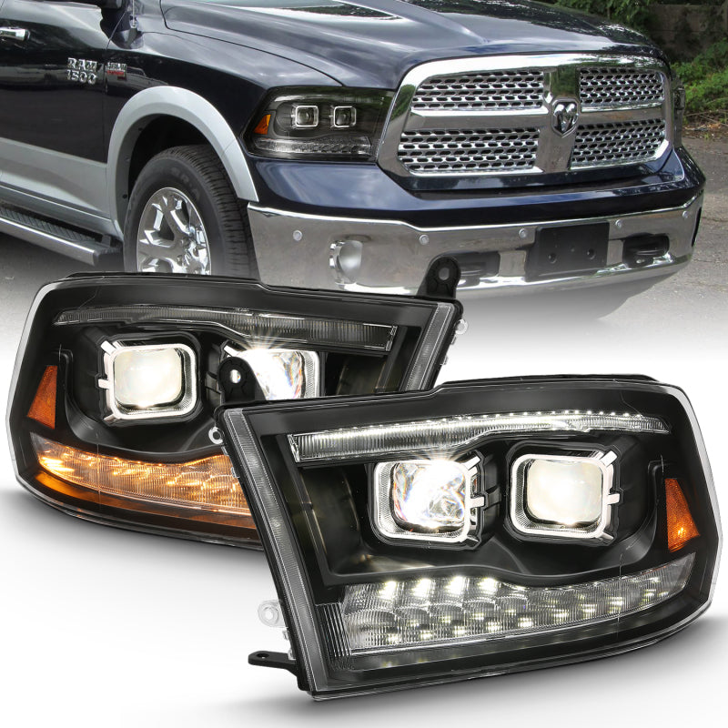 ANZO 2009-2018 Dodge Ram 1500 Projector Headlights with Switchback Chrome Amber design, showcasing innovative styling and superior illumination.