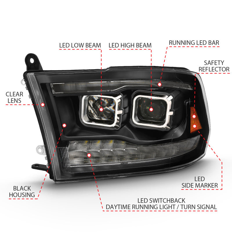 ANZO 2009-2018 Dodge Ram 1500 Projector Headlights with Switchback Chrome Amber design, showcasing innovative styling and superior illumination.