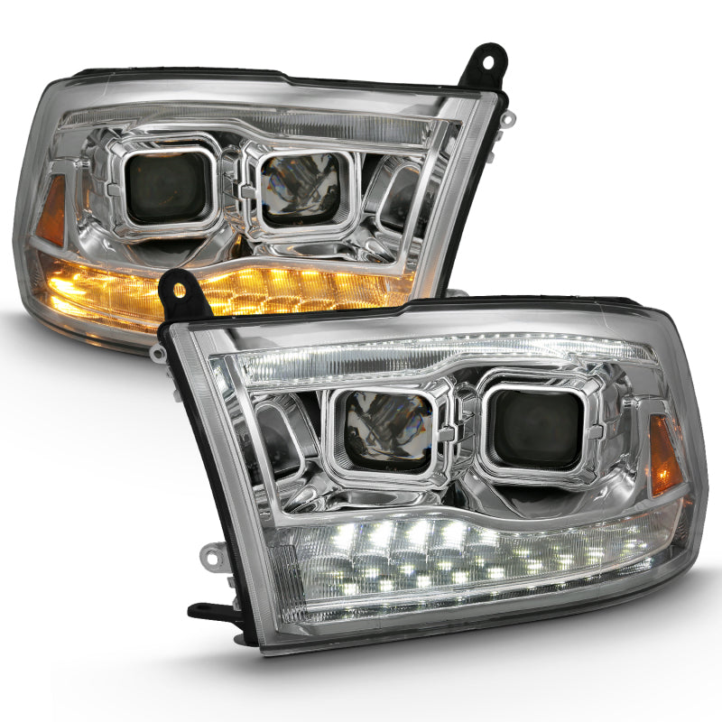 ANZO 2009-2018 Dodge Ram 1500 Projector Headlights with Switchback Chrome Amber design, showcasing innovative styling and superior illumination.