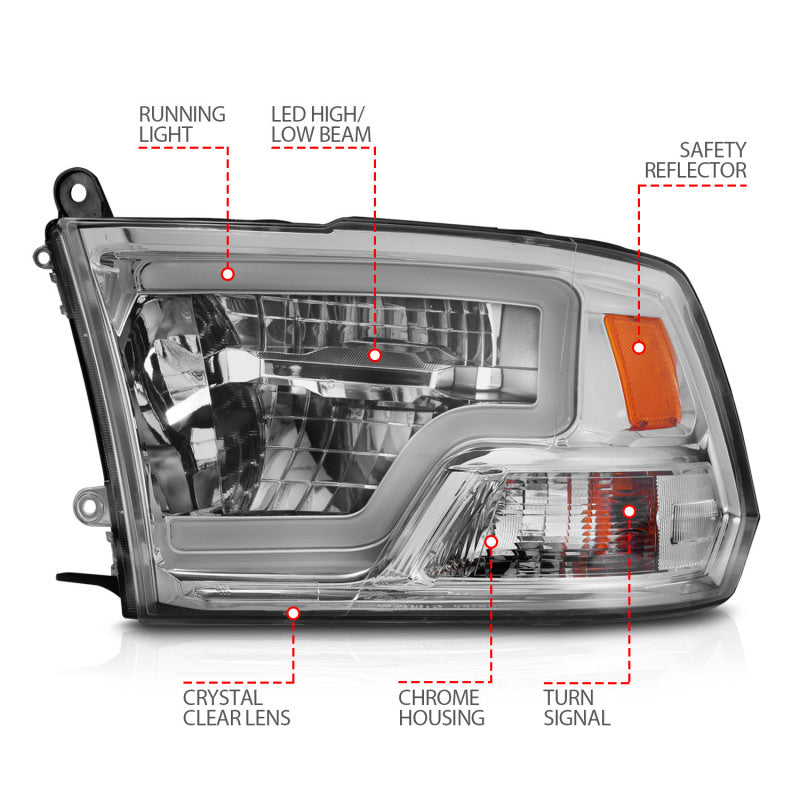 ANZO Full LED Square Projector Headlights for 2009-2020 Dodge Ram 1500, featuring clear lens and black housing.