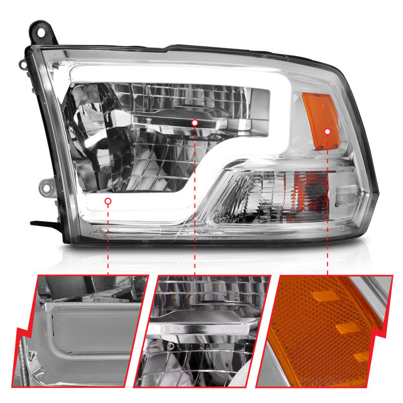 ANZO Full LED Square Projector Headlights for 2009-2020 Dodge Ram 1500, featuring clear lens and black housing.