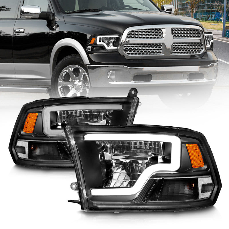 ANZO Full LED Square Projector Headlights for Dodge Ram 1500, featuring clear lens and black housing, enhancing vehicle appearance and visibility.