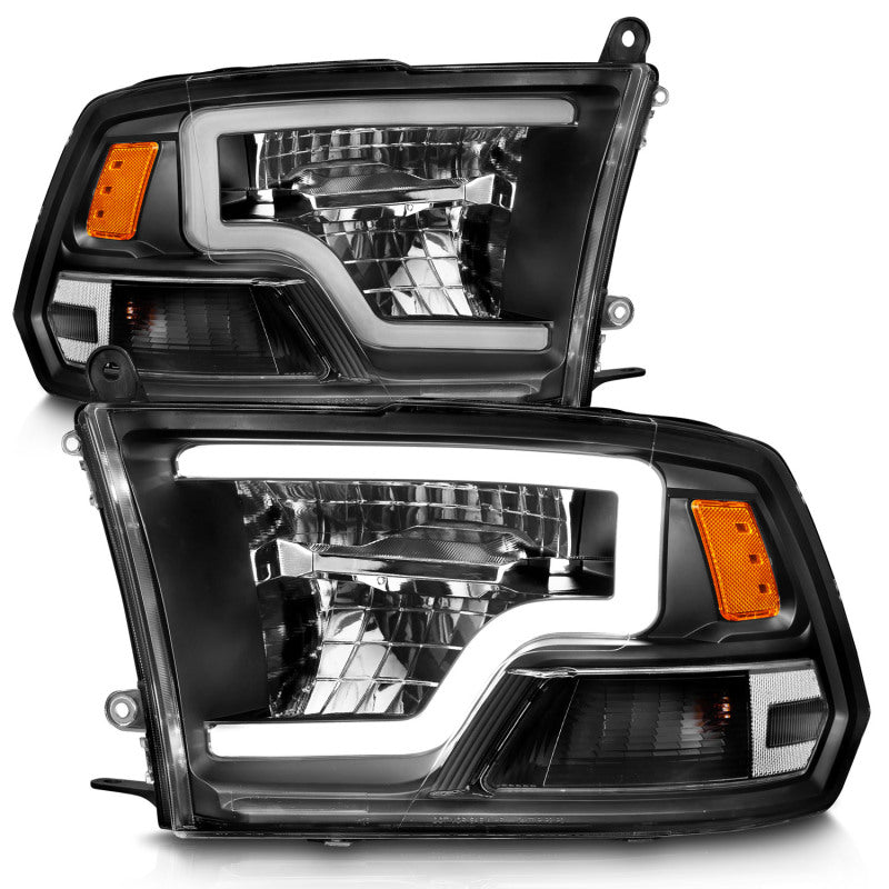 ANZO Full LED Square Projector Headlights for Dodge Ram 1500, featuring clear lens and black housing, enhancing vehicle appearance and visibility.