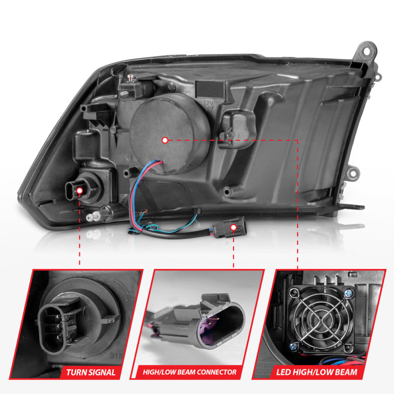 ANZO Full LED Square Projector Headlights for Dodge Ram 1500, featuring clear lens and black housing, enhancing vehicle appearance and visibility.