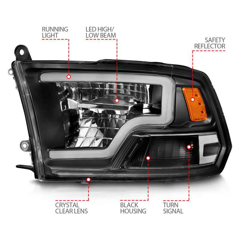 ANZO Full LED Square Projector Headlights for Dodge Ram 1500, featuring clear lens and black housing, enhancing vehicle appearance and visibility.