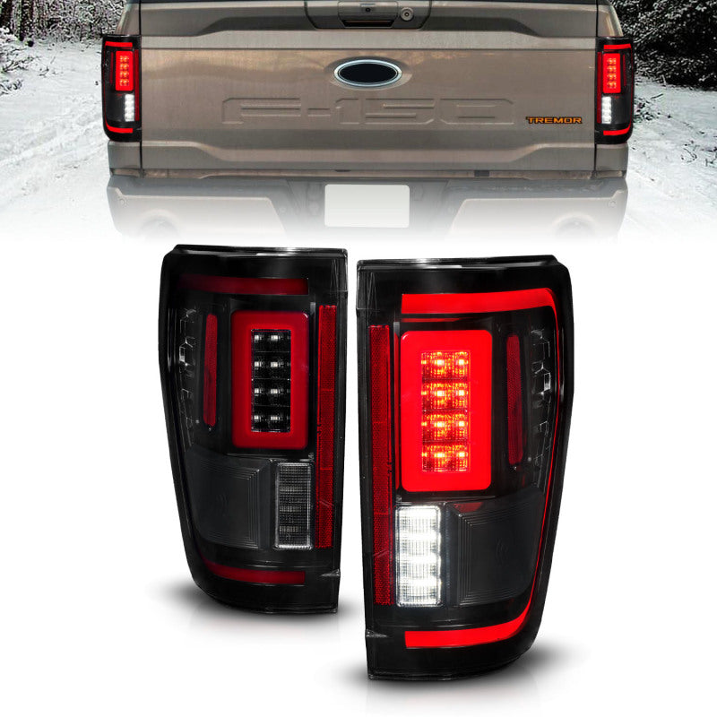 ANZO LED taillights for 2021-2023 Ford F-150 in black with sequential signals and BLIS cover, showcasing modern design and enhanced safety features.