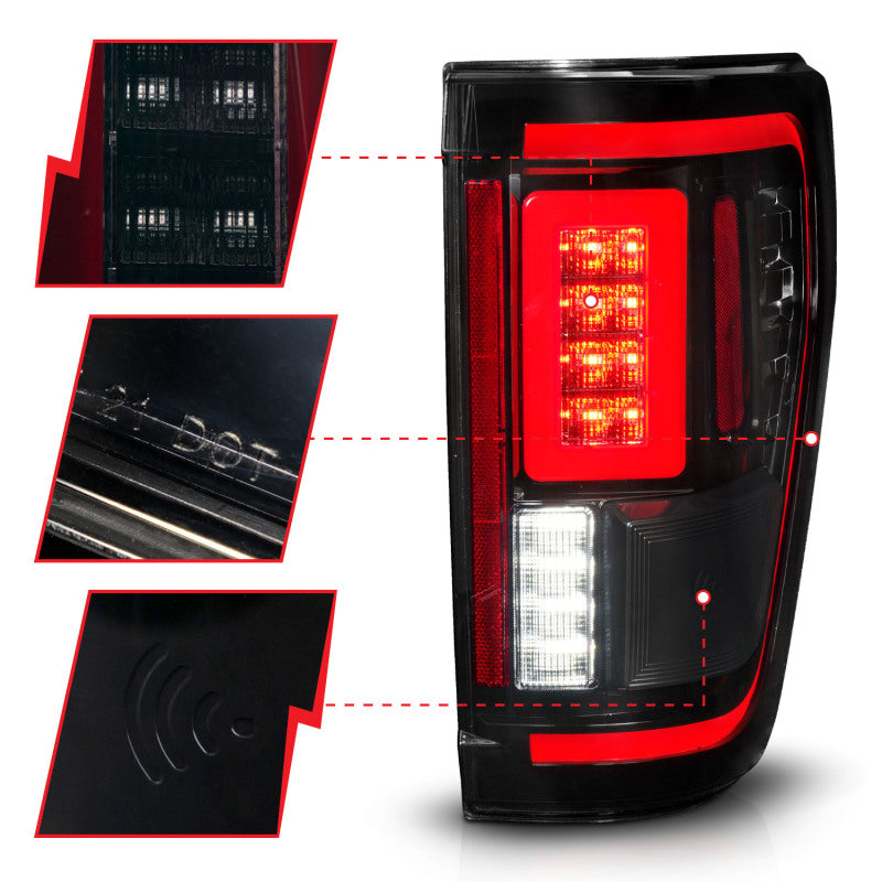 ANZO LED taillights for 2021-2023 Ford F-150 in black with sequential signals and BLIS cover, showcasing modern design and enhanced safety features.