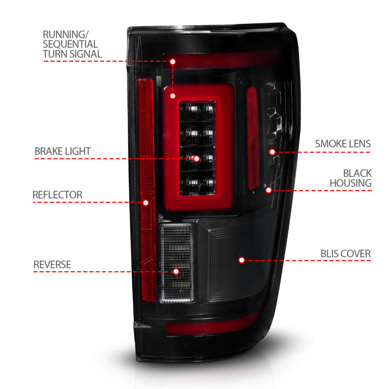 ANZO LED taillights for 2021-2023 Ford F-150 in black with sequential signals and BLIS cover, showcasing modern design and enhanced safety features.