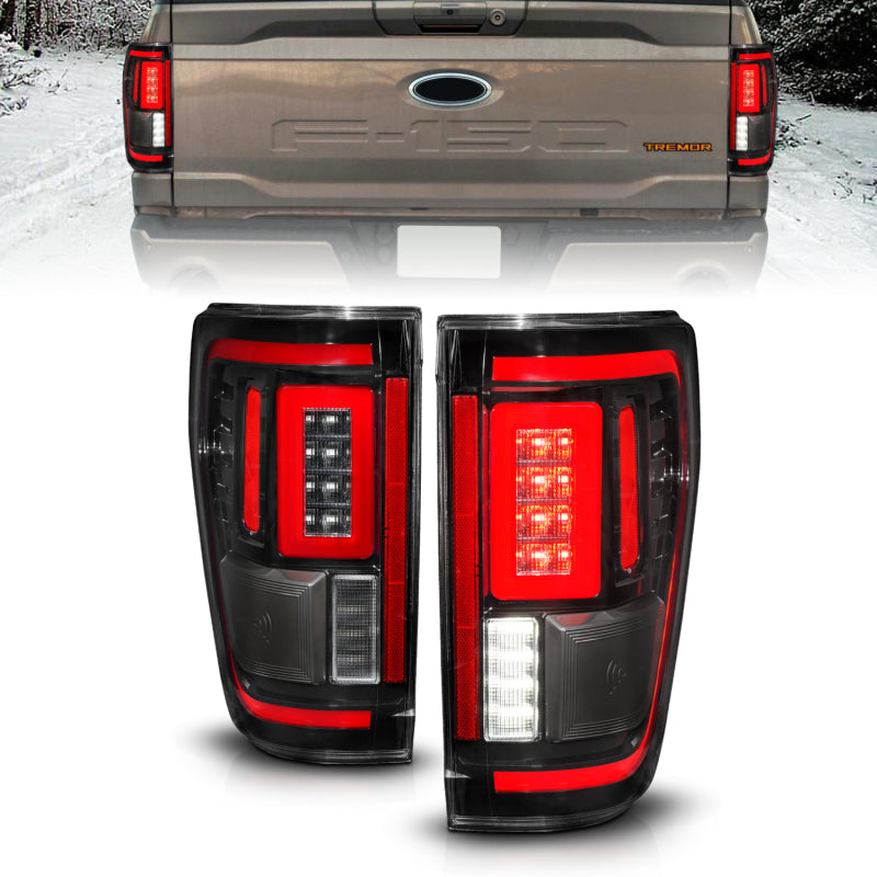 ANZO LED taillights for 2021-2023 Ford F-150 in black with sequential signals and BLIS cover.