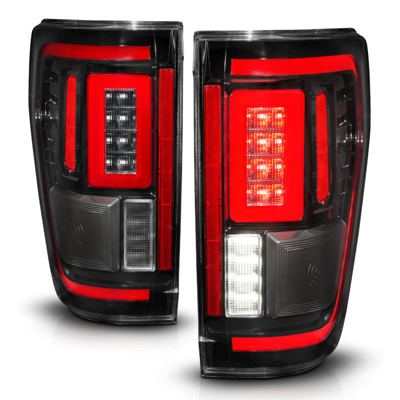 ANZO LED taillights for 2021-2023 Ford F-150 in black with sequential signals and BLIS cover.