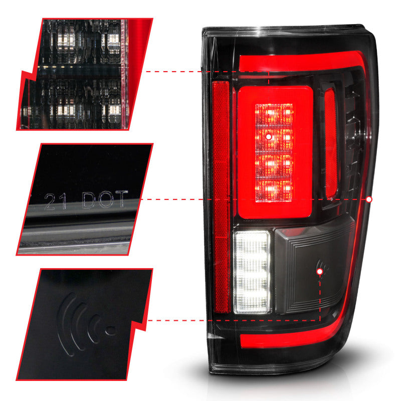 ANZO LED taillights for 2021-2023 Ford F-150 in black with sequential signals and BLIS cover.