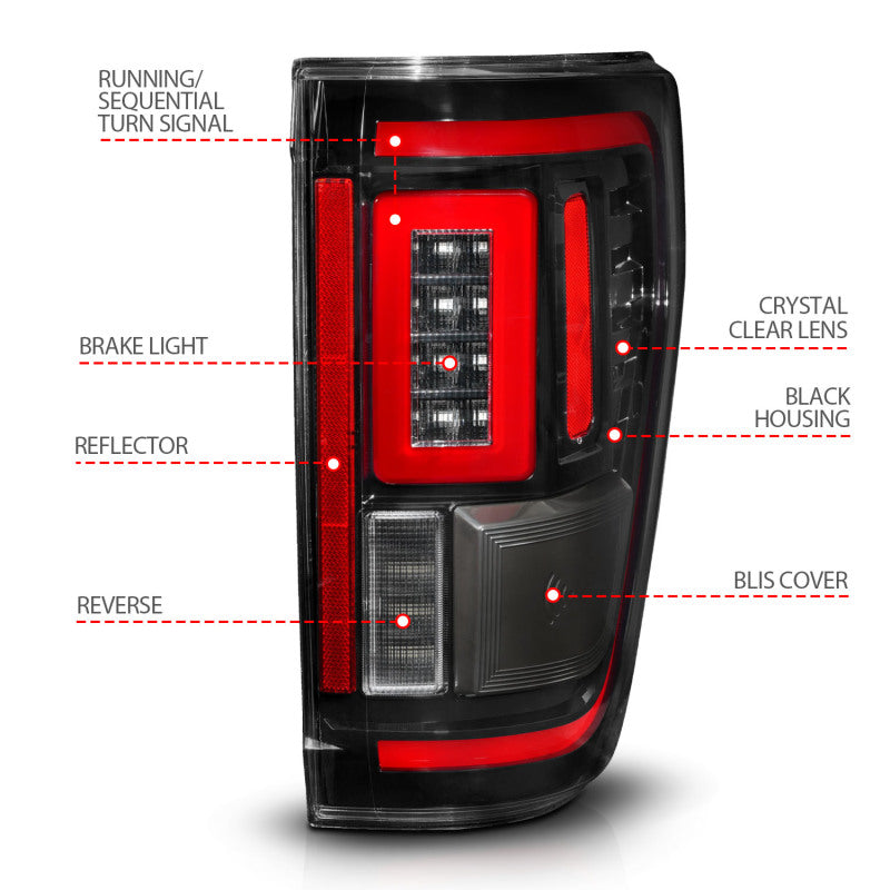 ANZO LED taillights for 2021-2023 Ford F-150 in black with sequential signals and BLIS cover.