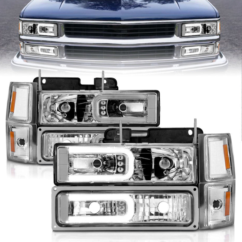 ANZO 88-98 Chevrolet C1500 Crystal Headlights with Light Bar Chrome Housing, featuring clear lens and black housing for enhanced visibility.