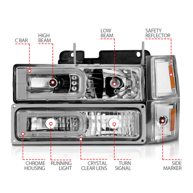 ANZO 88-98 Chevrolet C1500 Crystal Headlights with Light Bar Chrome Housing, featuring clear lens and black housing for enhanced visibility.