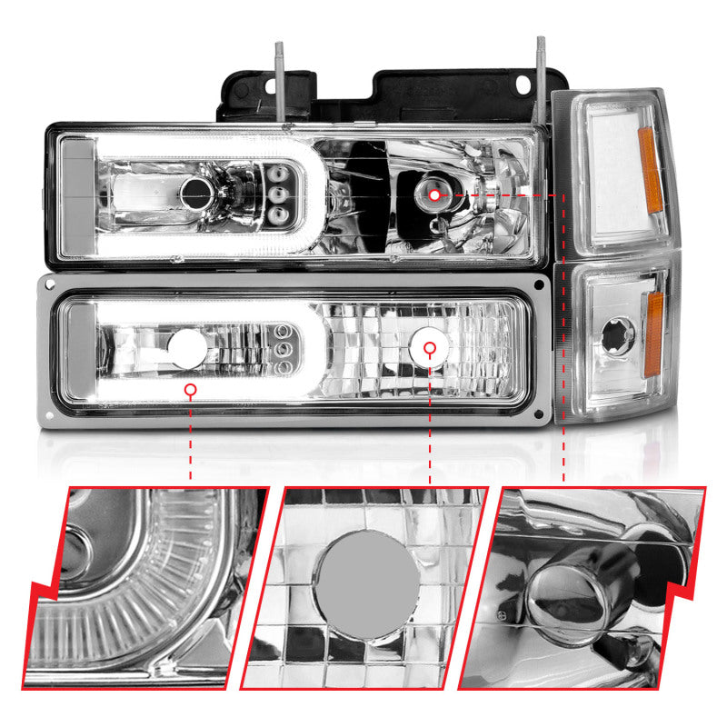 ANZO 88-98 Chevrolet C1500 Crystal Headlights with Light Bar Chrome Housing, featuring clear lens and black housing for enhanced visibility.