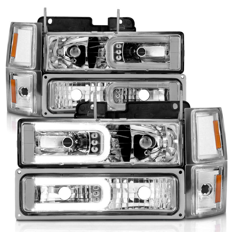 ANZO 88-98 Chevrolet C1500 Crystal Headlights with Light Bar Chrome Housing, featuring clear lens and black housing for enhanced visibility.