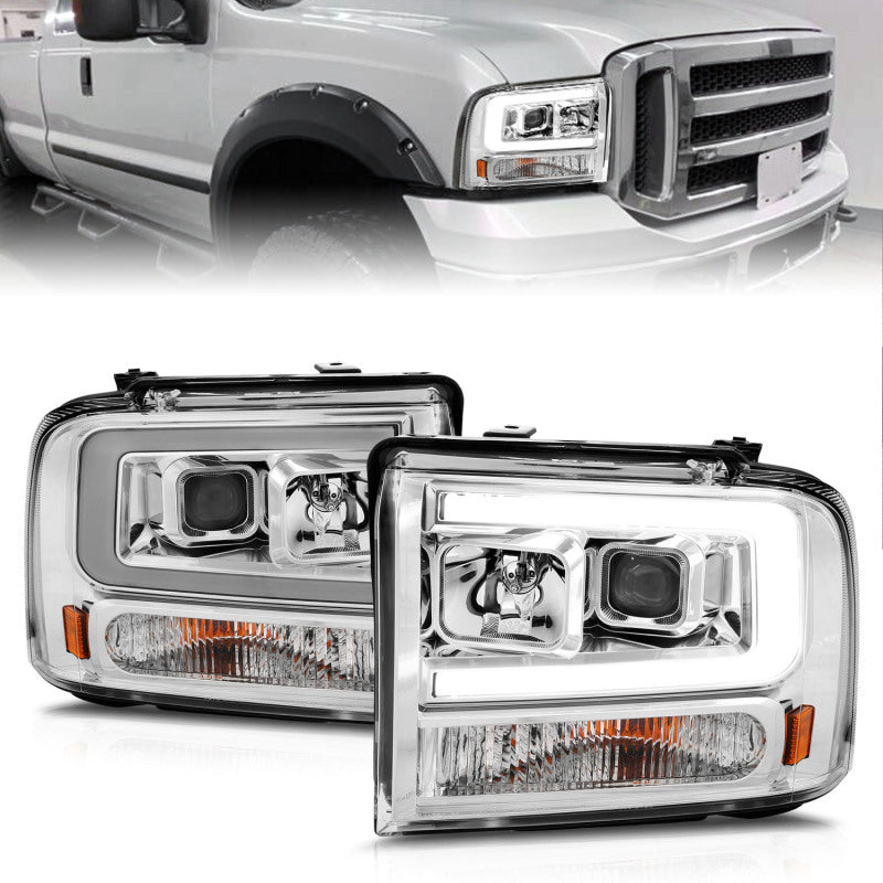 ANZO Projector Headlight for Ford F250/F350/F450/Excursion, showcasing modern design and powerful light output.