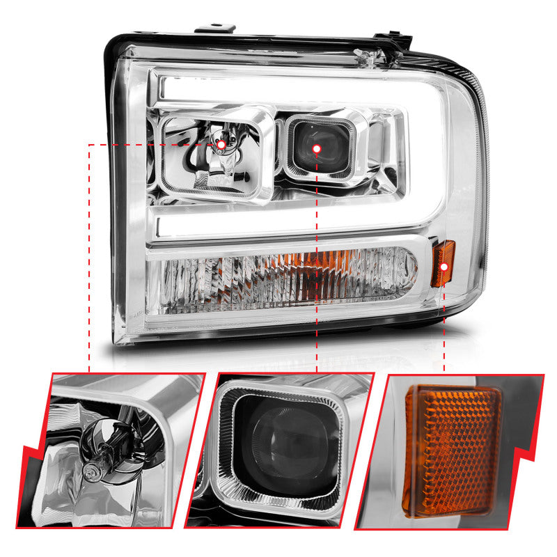 ANZO Projector Headlight for Ford F250/F350/F450/Excursion, showcasing modern design and powerful light output.