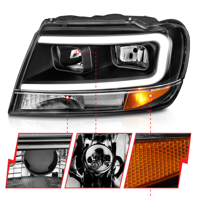 ANZO Crystal Headlights for 1999-2004 Jeep Grand Cherokee with black housing and clear lens, showcasing modern design and enhanced visibility.