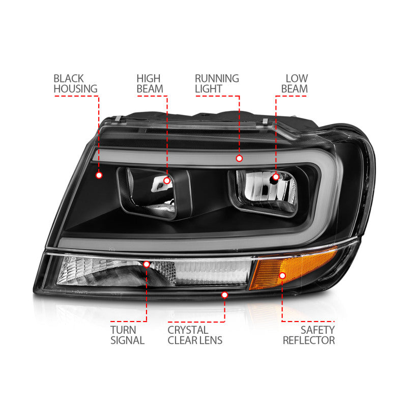 ANZO Crystal Headlights for 1999-2004 Jeep Grand Cherokee with black housing and clear lens, showcasing modern design and enhanced visibility.