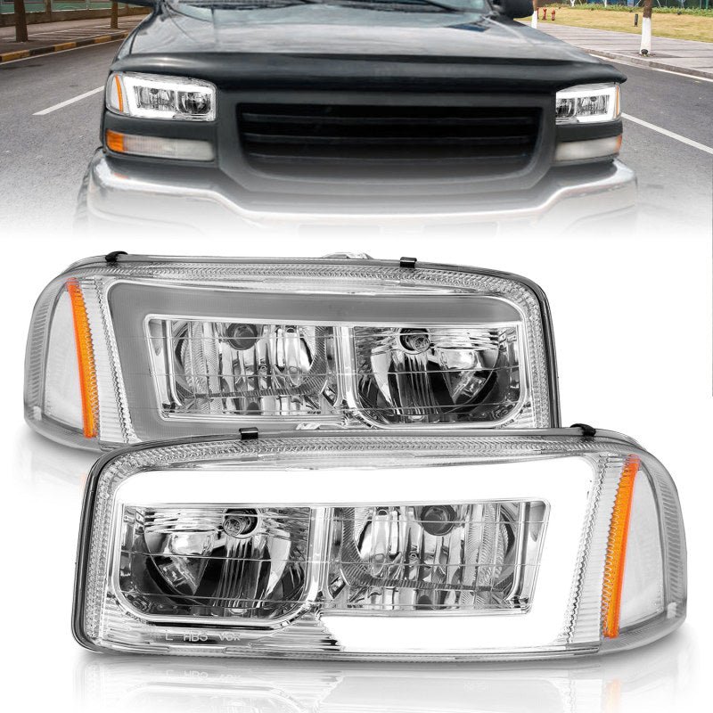 Anzo 99-17 GMC Sierra/Denali Headlights featuring chrome amber design with clear lens and black housing.