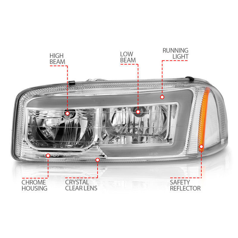 Anzo 99-17 GMC Sierra/Denali Headlights featuring chrome amber design with clear lens and black housing.